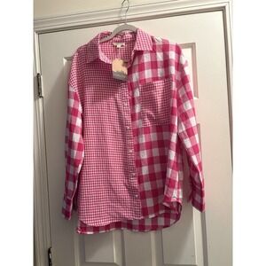 NEW Mainstrip Women's Small Pink Checked Shirt Button Up Long Sleeves NWT